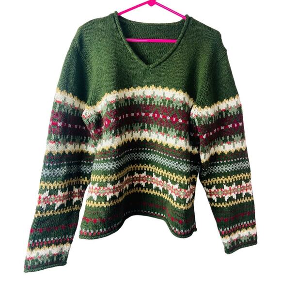 Vintage Fair Isle Womens Pullover Sweater Cozy Knit Holiday Cottagecore Green - Picture 1 of 6